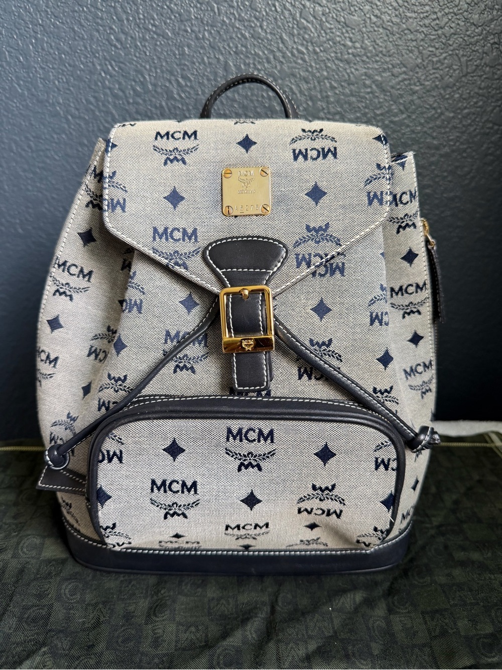 MCM Beige and Navy Visetos Logo Canvas Backpack with Gold Hardware